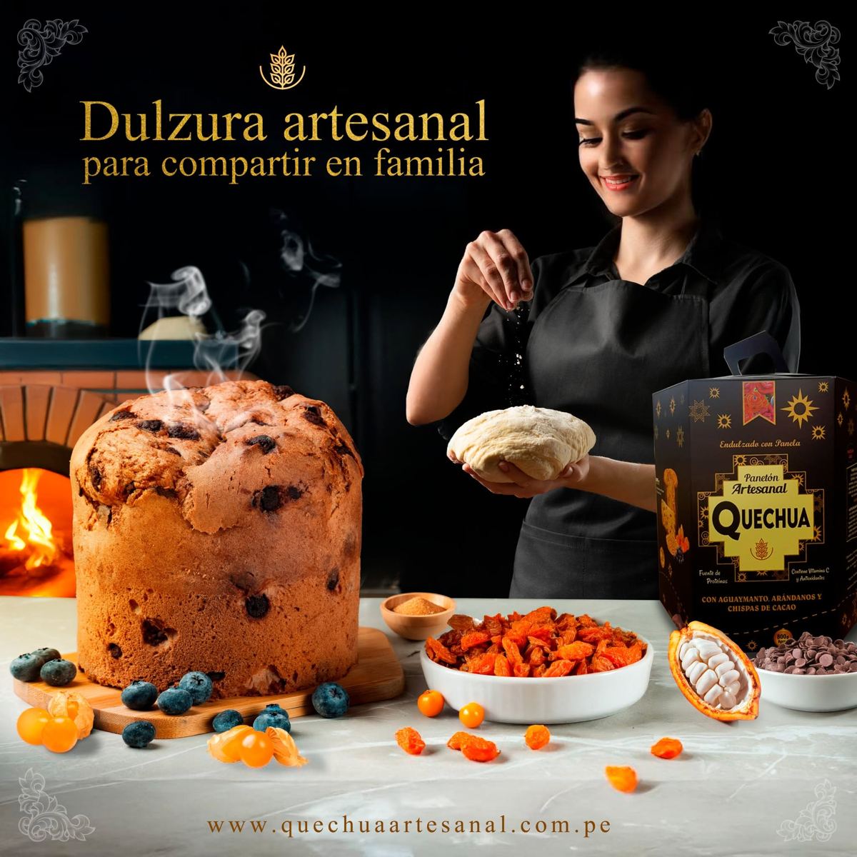 Panetón artesanal Quechua recién horneado con aguaymanto, arándanos y cacao
